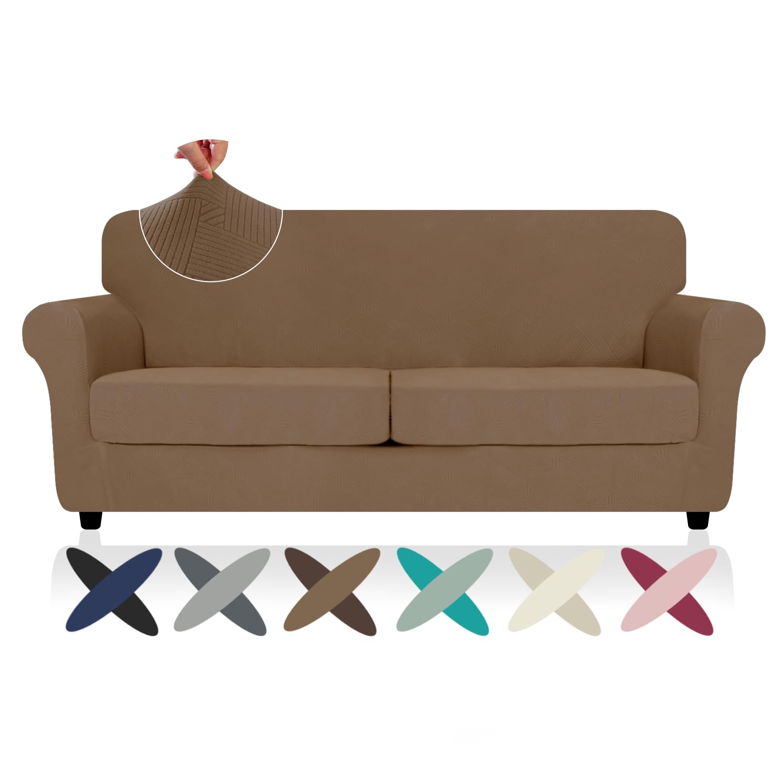 Photo 1 of 2025 Striped XL-Loveseat Covers 3 Piece, Sofa Covers for 2 Extra Large Cushion, Anti Slip Oversized Slipcovers with Bottom Ties, Thick Durable Washable, Soft Cozy Protector (71"-91", Light Coffee)