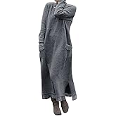 Women's Winter Fleece Lace Long Sleeve Split Maxi Dress Casual Loose Crewneck Long Sweater Dress with Pockets