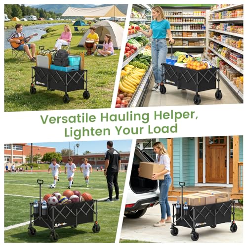 Blomoba Collapsible Wagon Cart, 330LBS Heavy Duty Folding Cart with Wheels 360° Rotation, Built-in Brakes, Flexible Handle, Portable Utility Wagon for Grocery Sports Garden Shopping Camping