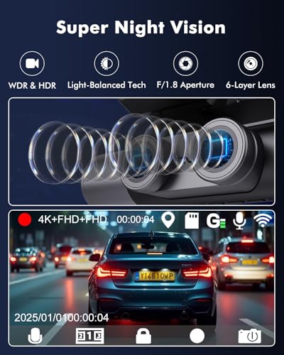 Frvesroe 4K 3 Channel Dash Cam Front and Rear Inside for Uber Taxi, Dual Front Lens, Interior Night Vision, WiFi 6 GPS, 24H Parking Mode, 64GB Card, Heat Resistant Dashcam for Cars (V1)