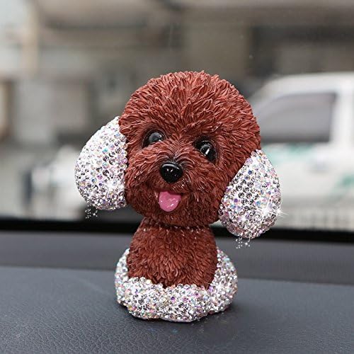 TISHAA Bling Crystal Car Ornaments Cute Shaking Head Nodding Dog Puppy Figurines Bobble Head Dog Doll Toys Car Interior Decoration Gifts (Brown Puppy)