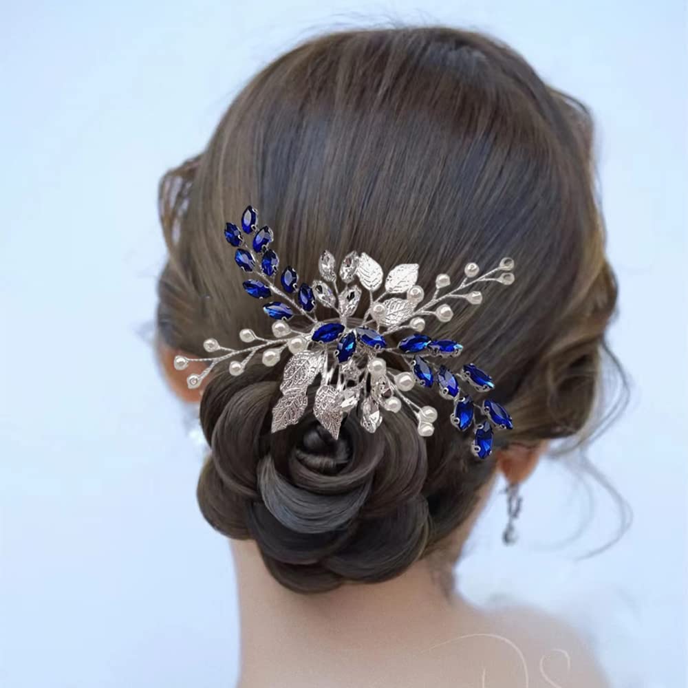 ISLHJDD Bridal Diamante Hair Comb - Blue Crystal Pearl Silver Leaf Headpiece - Wedding Hair Accessory for Brides and Girls (Silver B)