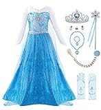Padete Little Girls Anna Princess Dress Elsa Snow Party Queen Halloween Costume (4 Years, Blue LS with Accessories)