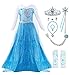Padete Little Girls Anna Princess Dress Elsa Snow Party Queen Halloween Costume (4 Years, Blue LS with Accessories)