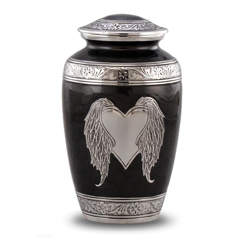Angel Wings Urn - Loving Cremation Urn for Ashes - Handcrafted Heart & Wings Adult Memorial - Large, Love with Velvet Bag (Black) by Immortal-Memories