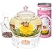Teabloom Pretty in Pink Rose Tea Gift Set - Includes 34 oz Stovetop Safe Glass Teapot, 12 Rose Flowering Teas, Removable Loose Tea Glass Infuser, Glass Tea Warmer + Tea Light - Dishwasher Safe