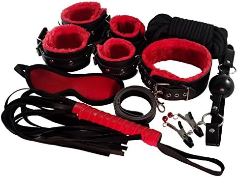 Bondage Restraint Set by Liberation in Leather - 12 Piece Starter Kit for Bedroom Cosplay with Collar, Cuffs, and Accessories (Black and Red)