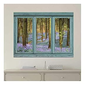 Vintage Teal Window Looking Out Into a Purple Field Forest - Wall Mural, Removable Sticker, Home Decor - 24x32 inches