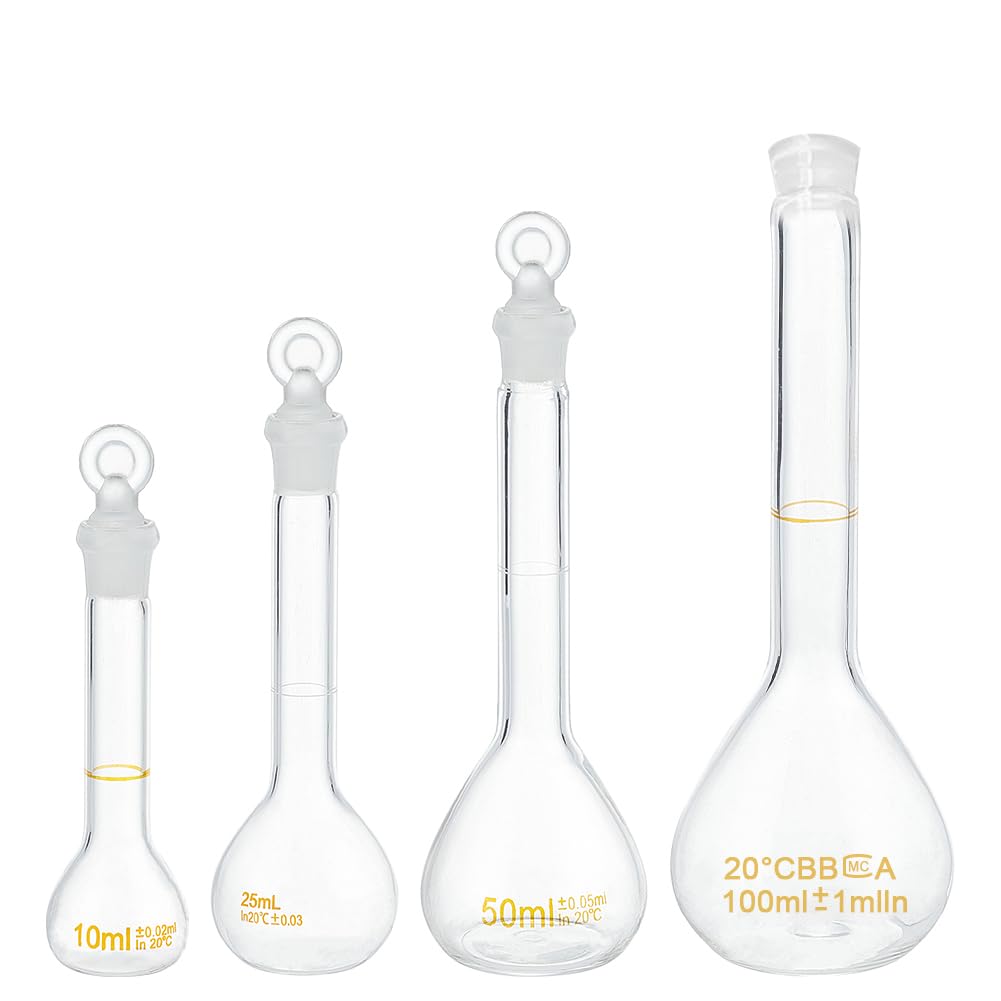 OLYCRAFT 4pcs Volumetric Flask 10ml/25ml/50ml/100ml Volumetric Flask Set With Glass Cap Durability Glass Bottle for Laboratory Project