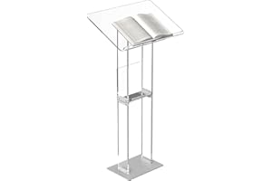 HMYHUM Acrylic Podium Stand, Clear Lecterns & Pulpits for Classroom, Weddings, Churches, Speech, with Storage Shelf, Metal Base, 23.6" L x 15.7" W x 46.1" H, Modern