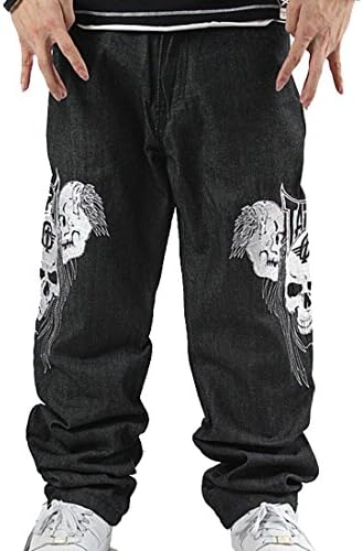 Men's Hip-hop Embroidered Printed Baggy Denim Jeans Waist 34" Black