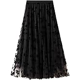 SUNYUESTAR Floral Skirts for Women Midi Length High Waisted A Line Cute Fairy Pleated Layered Tulle Skirt