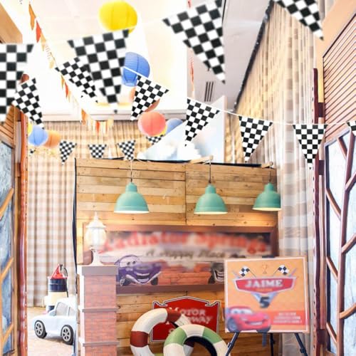 Piokio 100ft Black and White Checkered Flag Banner Racing Birthday Decorations, for Nascar Cars Party Supplies