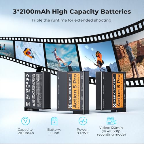 K&F Concept 3-Pack Action 6 Battery with Upgraded OSMO Action 5 Pro Battery Charger Compatible with DJI OSMO Action 6, Action 5 Pro, Action 4, Action 3, OSMO 360 Cameras