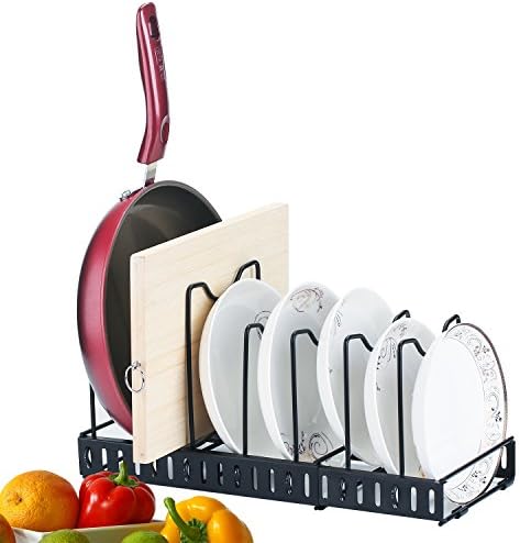Expandable Kitchen Pan and Pot Organizer Rack: Stores 7+, Can Be Extended to 21.65", Total 7 Adjustable Compartments, Pantry Cupboard Bakeware Plate Holder，Black