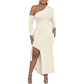 ENOPINK Women's One Shoulder Long Sleeve Formal Cocktail Wedding Guest Maxi Dresses Sexy High Slit Bodycon Evening Gowns