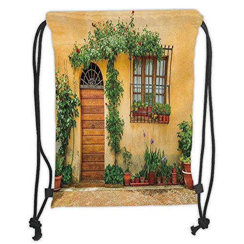 Custom Printed Drawstring Sack Backpacks Bags,Italy,Porch with Different Flowers Pots Fresh Green Plants City Life in Tuscany Decorative,Apricot Green Brown Soft Satin,5 Liter Capacity,Adjustable Stri