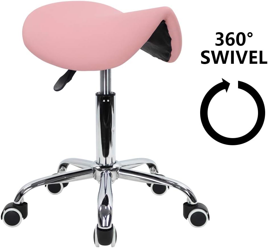 KKTONER Rolling Saddle Stool PU Leather Swivel Adjustable Rolling Stool with Wheels Salon Chair (Pink): Kitchen & Dining