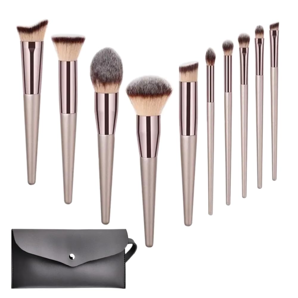 Makeup Brush Set with Blush, Contour, Foundation, Flat, Angled, Blending, Definer & Concealer Make up Brushes - Synthetic Bristles, Champagne Gold, Pouch Included - Professional & Vegan-Friendly