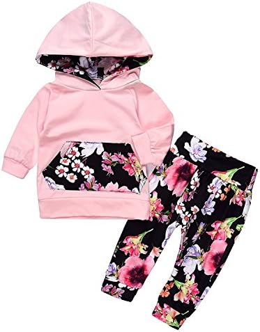 Baby Girl 2pcs Floral Warm Outfit Suit Pullover Hoodie with pocket+Floral Long pants (3-6M, Pink)