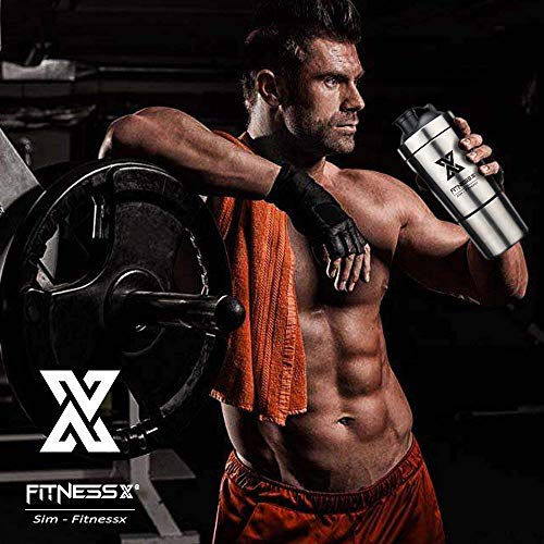 X SIM FITNESSX 700ml+200ml Eiweiss Protein Shaker mit Pulverfach Edelstahl Shaker Eiweiß Becher mit Siebeinsatz für… – Bild 2