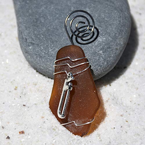 Surf Tumbled Sea Glass Ornament with a Silver Hacksaw Charm - Choose Your Color Sea Glass Frosted, Green, and Brown - Made to Order