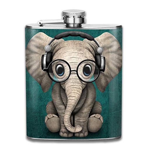 Laki-co Cute Baby Elephant Dj Hip Flask for Liquor Stainless Steel Bottle Alcohol 7oz