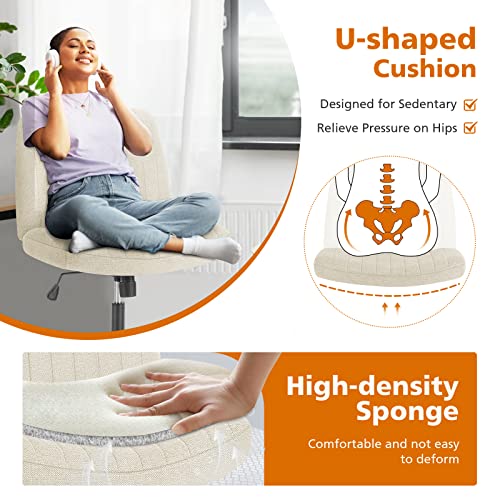 Sweetcrispy Criss Cross Chair, Armless Swivel Desk Chair No Wheels, Adjustable Height Wide Seat Vanity Chair, Computer Task Desk Seating for Home Bedroom, Beige
