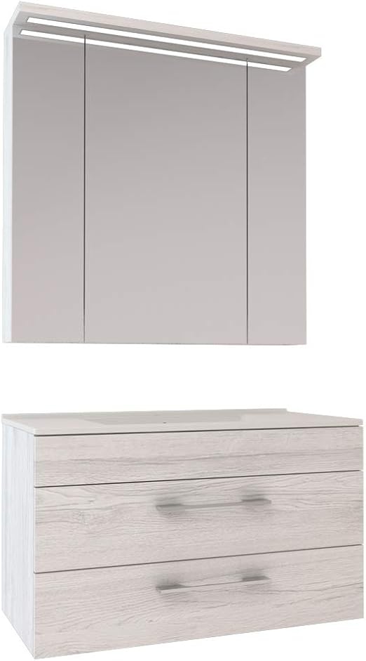 Engelland Badezimmer Mobel Set 90cm Waschbecken Mit Unterschrank Spiegelschrank Monaco Eiche Grau Made In Germany Amazon De Kuche Haushalt