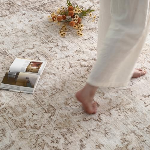 PADOOR 5×7 Area Rug for Living Room, Machine Washable Soft Large Bedroom Rug, Non-Slip Durable Low Pile Vintage Rug, Easy Clean Indoor Carpet for Hall, Kitchen, Dorm, Nursery, Office in Beige