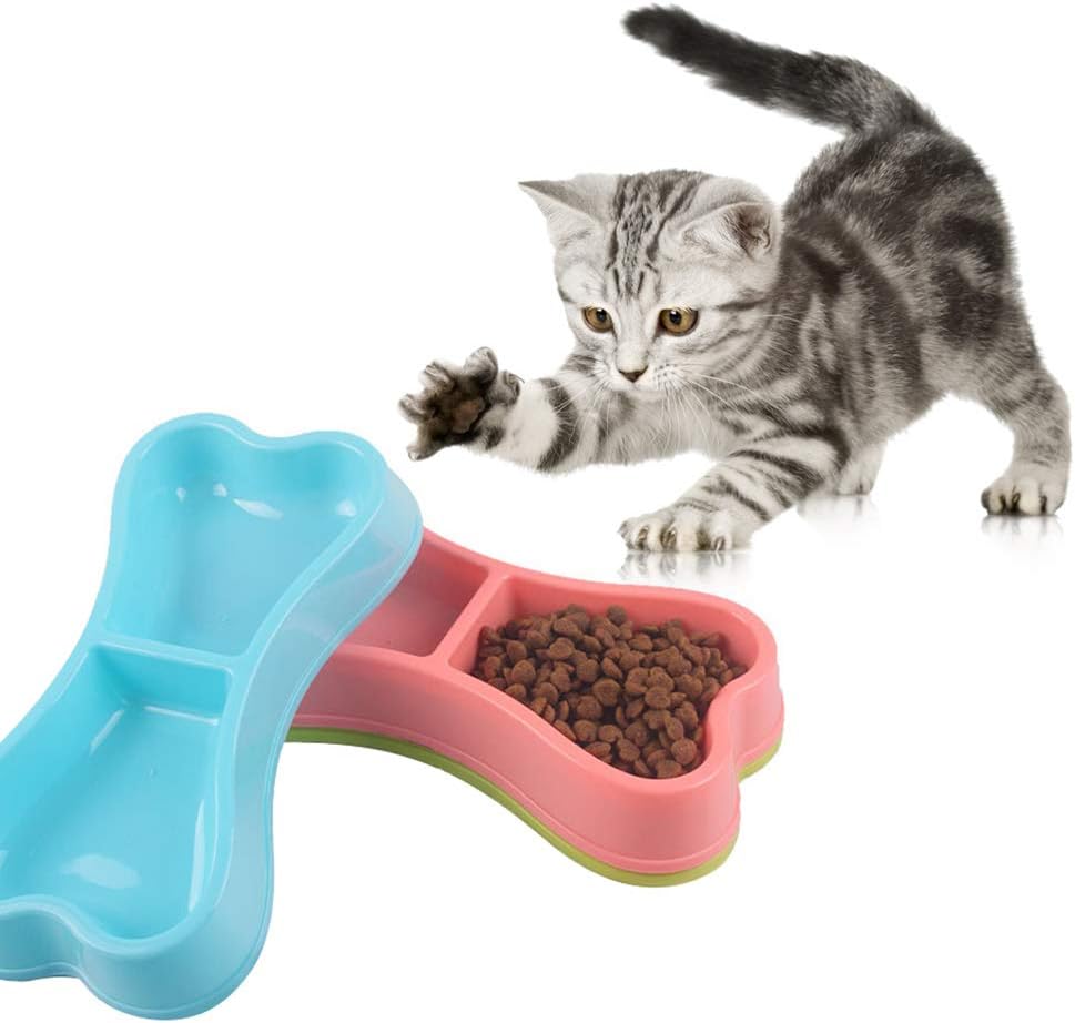 Oyov2L Bone Shape Pet Double Bowl Anti Slid Dog Puppy Cat Kitten Food Feeder Water Container Two in One Pet Food Bowl