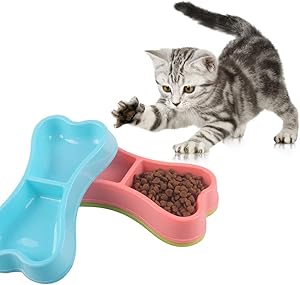 Oyov2L Bone Shape Pet Double Bowl Anti Slid Dog Puppy Cat Kitten Food Feeder Water Container Two in One Pet Food Bowl