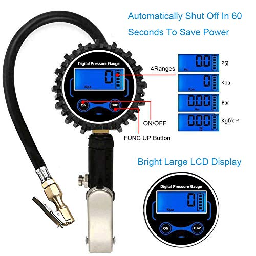 JYSW Digital Tire Inflator Pressure Gauge, 200PSI Heavy Duty Air Chuck and Compressor Accessories with Rubber Hose and Quick Connect Plug for Auto, Truck, Bike, Motorcycle, Backlit LCD 0.1 Accuracy