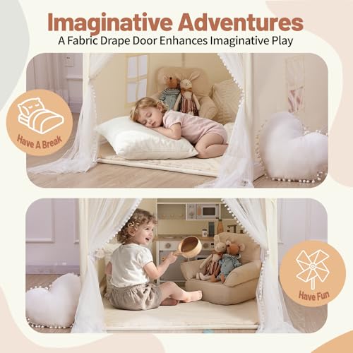 Monobeach Kids Tent Beige Play Tent with Long Mesh Curtain Large Playhouse for Indoor Outdoor Play Cottage Castle Toy for Girls Boys House Gift (Beige Kids Play Tent)