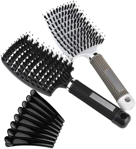 2pcs Boar Bristle Hair Brushes Curved Vented Hair Brush Hair Massage Styling Comb for Men & Women + 8pcs black Hair Clips