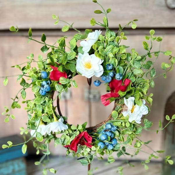 Photo 1 of 6 Pcs Patriotic Wreath for Kitchen Cabinet Red White and Blue Mini Floral Candle Rings 4th of July Artificial Boxwood Wreaths for Independence Day Front Door Pillars Porch Wall Window Decor
