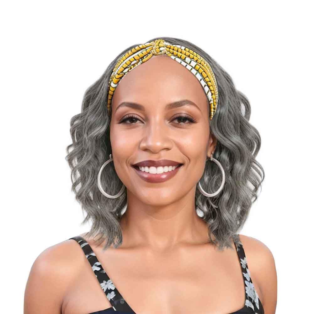 Photo 1 of SYMEIW Silver Grey Wavy Headband Wig For Black Women Curly Half Wigs With Headband Attached Synthetic Wrap Wigs For Women(Gray)…