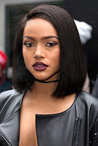 Short Bob Free Part Yaki Straight Lace Front Synthetic Wig for Black Women 12 inch 1B Color