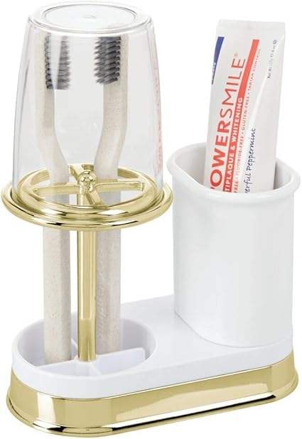 mDesign Portacepillos con vaso para enjuague bucal transparente/dorado