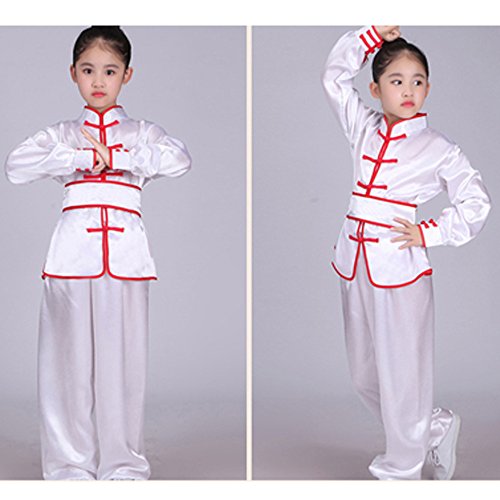 KINDOYO Unisex Boys Girls Kids Classic Long Sleeve Martial Arts Suits Performance Tai Chi Clothing Kung Fu Uniform, White-red