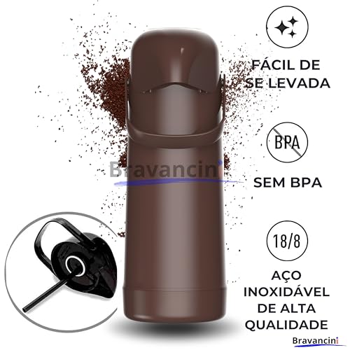 Garrafa Térmica Pump Marrom 1L Café Bomba Pressão 12h Quentes 24h Frio Água Chá Casa Mágic Escritório Consultorio