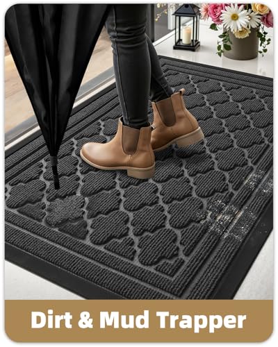 Color&geometry Dirt Trapper Outdoor Door Mat for Home Entrance 60x90 CM, Heavy Duty Outside Doormat Easy to Clean, Non Slip Rubber Backing Entry Rug Weatherproof for Front & Back Door, Grey