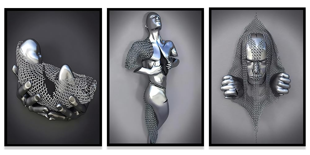 WADBTP Modern Art Metal Figure Canvas Painting Poster, Metal 3D Sculpture Effect, Romantic Lovers Hug Home Poster Set, Frameless (Style 5, 30X40CM*3)