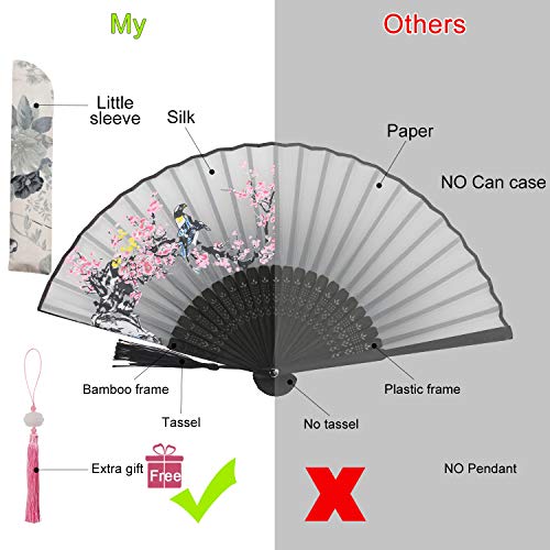 QIQU 6 Pack Handheld Floral Folding Fans Hand Held Women Silk Hollowed Bamboo Fans Hand Holding Fans with Tassel,Come with a Cloth Sleeve Per Fan,Wedding,Church,Party Gifts and Tea Party Dress Up
