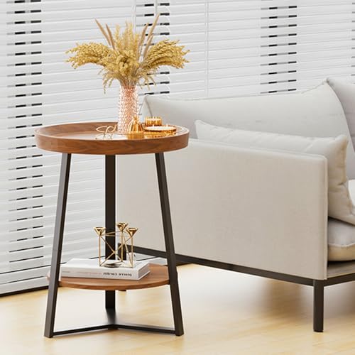 Gadroad Round End Table with Storage Shelf, 2 Tier Farmhouse Circle Side Table Nightstand for Living Room, Bedroom, Wood Tabletop & Black Metal Frame (15.7 * 15.7 * 23 inches, Cherry Wood Grain)