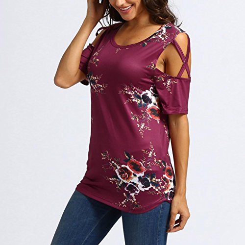 UONQD 2019d Black Summer T Shirt Women Short Sleeve Cold Shoulder Loose Fit Pullover Casual Top(Medium,x1-Wine Red)