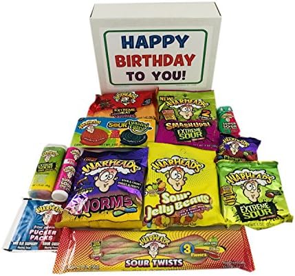 Boy or Girl Birthday Gift Sour Candy Assortment: War Heads Hard Candy, Hotheads, Twists, Warhead Smash Ups, Pucker Pack, Sour Patch Kids, Cubes, Jr