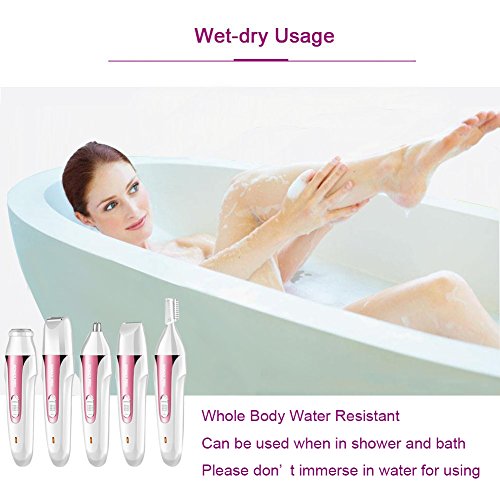 Hair Removal for Women 5 in 1 USB Rechargeable Hair Epilator Waterproof Lady Shaver Facial Hair Remover Women's Personal Groomers for Face Eyebrow Nose Armpit Bikini Arm Legs (Pink)