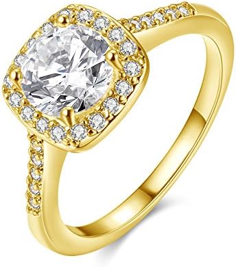 FuBlit Women's 18K Gold Plated Princess Cut CZ Crystal Prong Setting/Channel Setting Rings for Engagement Anniversary Cocktail Wedding Bands (yellow-gold-plated-bronze, 6)