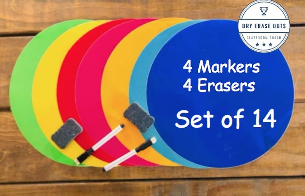 Table Dots Dry Erase Circles by Classroom Coach PET Vinyl for Easy Erasing - Set of 14 Multicolor Circles Decals for Tables, Whiteboard, or Walls! Great Teacher Classroom Supplies (14) : Office Products
